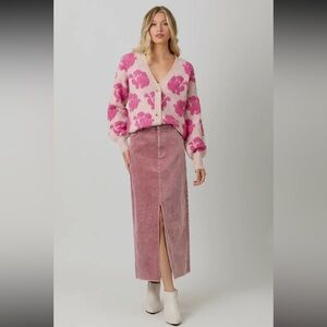 M16. NEW MYSTREE Denim Corduroy Elegant Vintage Rose Pink Midi Skirt Front Slit